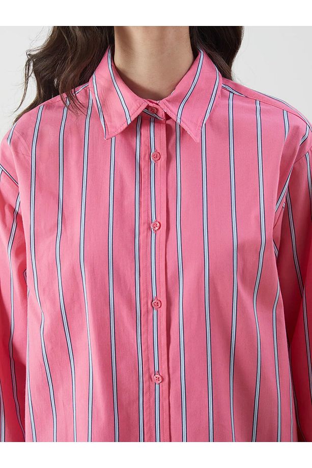 LCW Modest Pembe Çizgili Poplin Kadın Gömlek Tunik - 3