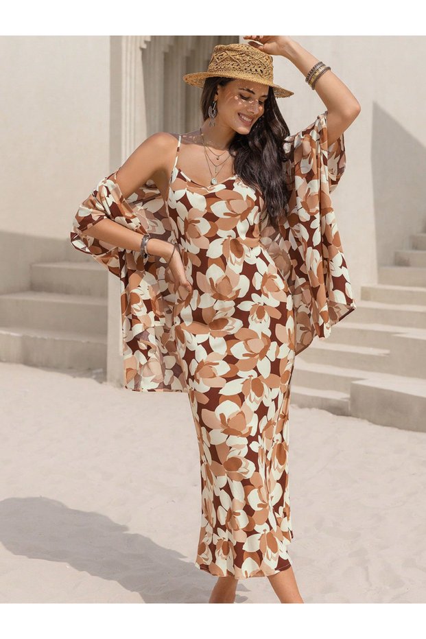 All-Over Print Strappy Midi Dress with Open Front Cardigan Set