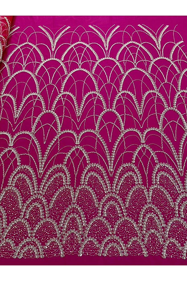 Couture Silver Lace with Fuchsia Tulle with Geometric Pattern, with Pearls, Beads and Sequins - 1