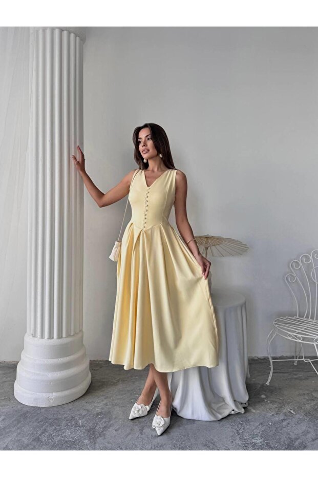 Dore Pileli Düğme Detay Midi Elbise - 4