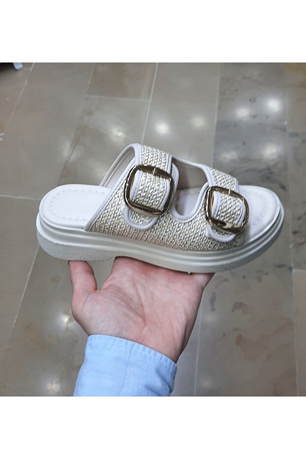 Women's Anatomical Soft Sole Double Tape Buckle Straw Detailed Slippers