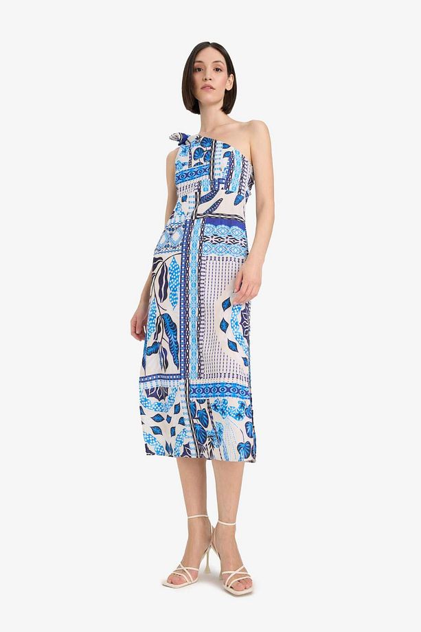 Regular Fit Tropikal Desenli Tek Omuzlu Poplin Plaj Elbisesi-Fall in Love F6296AX25HS - 2