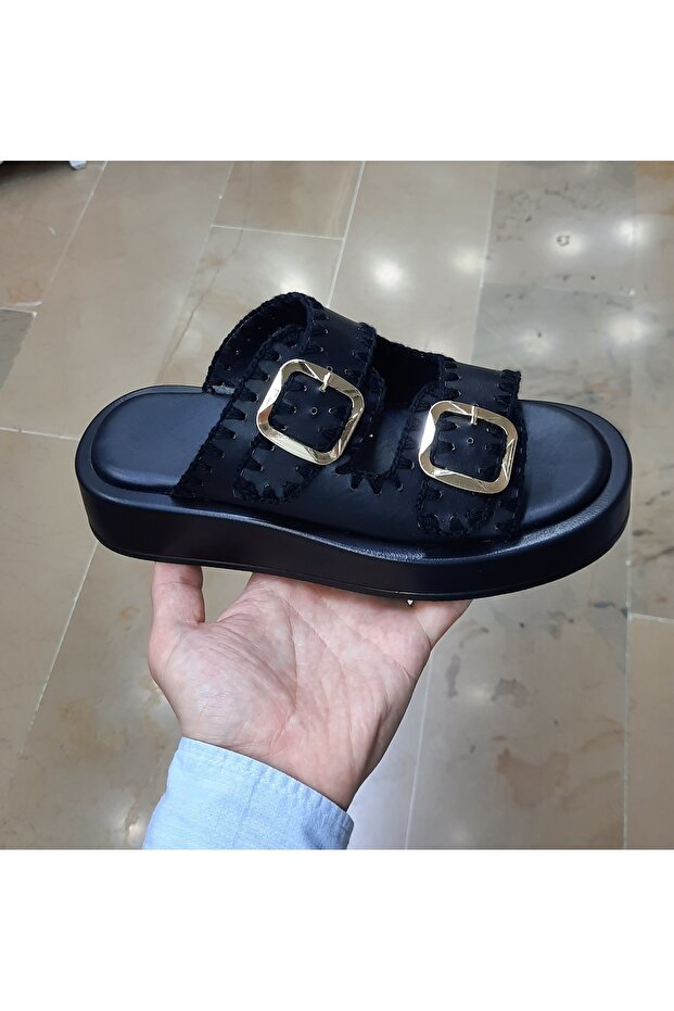 Women's Anatomical Soft Sole Double Tape Buckle Rope Detailed Slippers