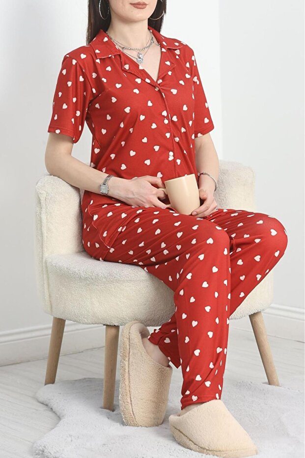 Women's Cotton Button-Down Short Sleeve Pajamas Set Red Color Shirt Collar Heart Pattern