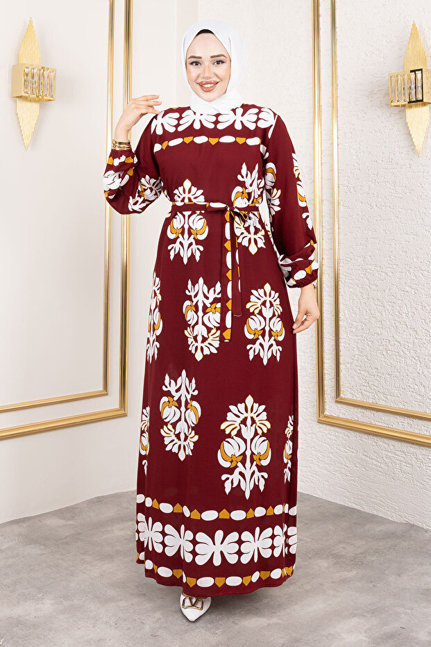 Shaped Ethnic Patterned Viscose Long Hijab Dress Tsd250193 Burgundy