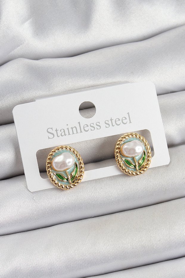 Brass Green Enamel Tulip Figured Artistic Portrait Model Gold Color Women's Earrings Sl12215