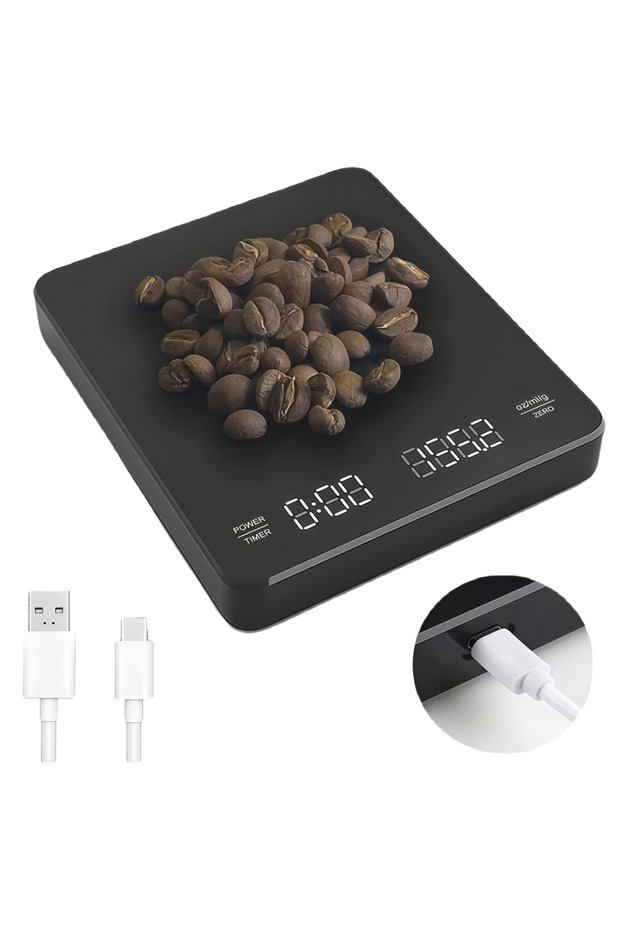 Rechargeable digital coffee scale, LED, 0.3-3 kg range, with timer, three measurement units, black - 1