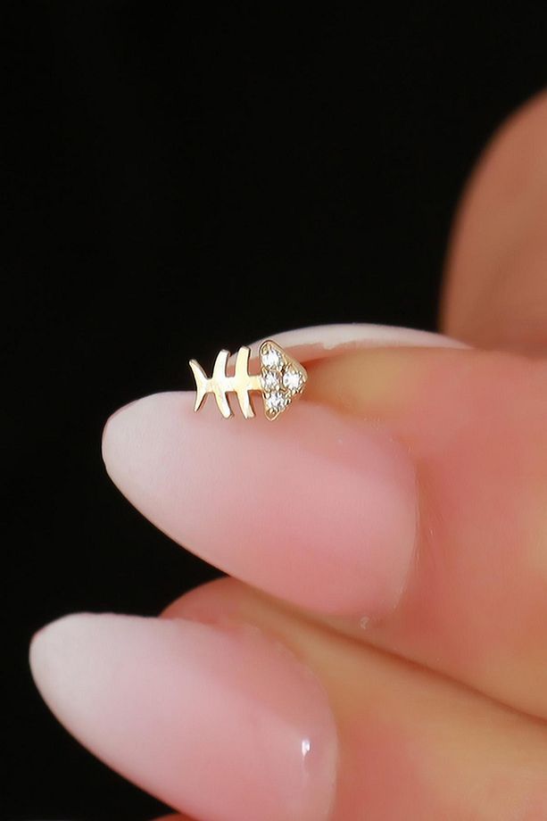 14 Ayar Altın Taşlı Balık Tragus Piercing - 3