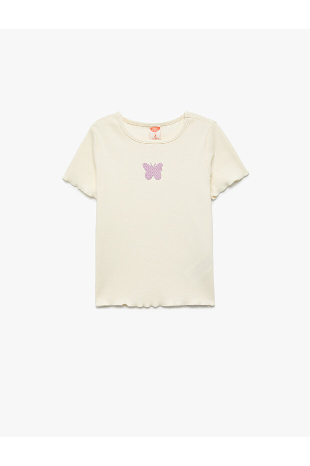 Butterfly Embroidered Cotton Short Sleeve Crew Neck T-Shirt