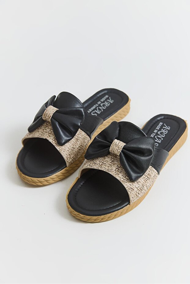Comfortable Sole Women's Slippers with Ribbon Detail Black