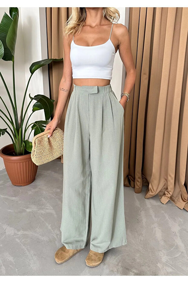 Khaki 100%Cotton Side-Button Wide-Leg Pants - 3508