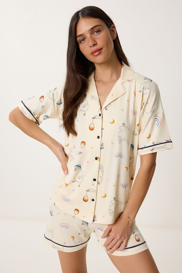 Desenli Şortlu Gömlek Pijama Takımı AÇIK SARI LPQ0010 - 2