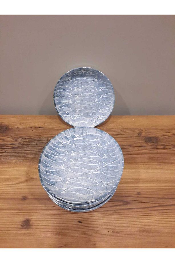 KERAMİKA YEMEK TABAĞI 21 CM 6 ADET PARLAK MAVİ BALIK DESENLİ - 5