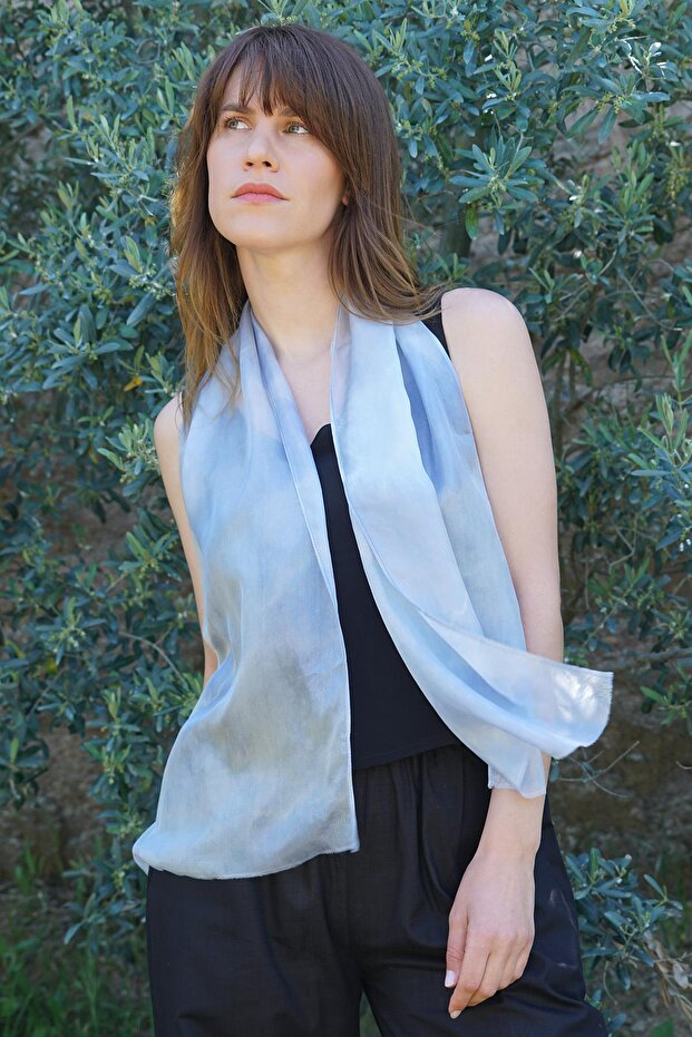100% Pure Silk Hand Painted Scarf - Special Design 35X140Cm - Light Blue