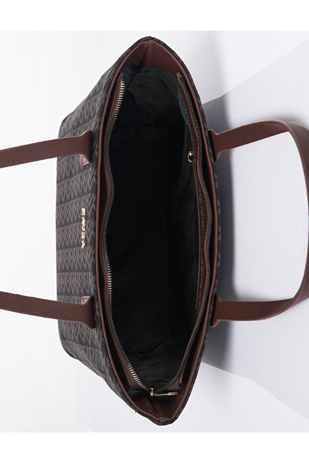 Monogram Desen Shopper Çanta Kahve - 6