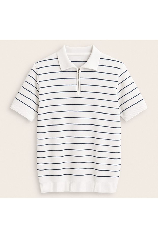 Striped Design Polo Collar Zipper Breathable Short Sleeve Men's Summer Knitwear T-Shirt