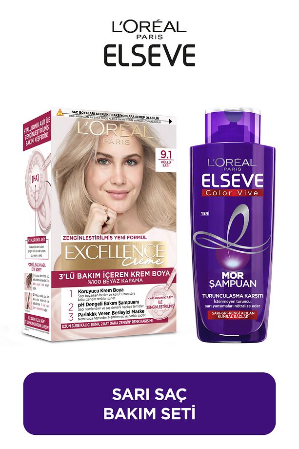 Excellence Creme 9.1 + Elseve Turunculaşma Karşıtı Mor Şampuan 200 ml - 1