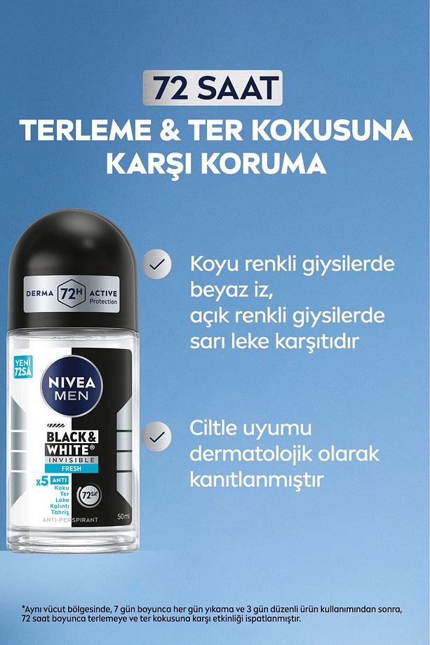 MEN Erkek Roll-on Deodorant Black&white Invisible Fresh 50ml, 72 Saat Anti-Perspirant Ter Koruması - 2