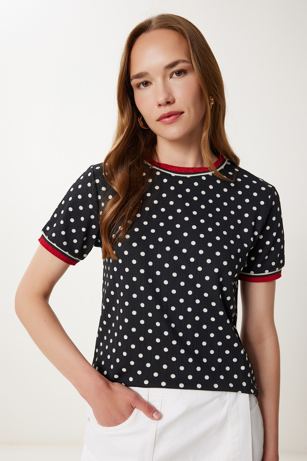 Women's Black Ecru Patterned Flexible Knitted Blouse Tp00078