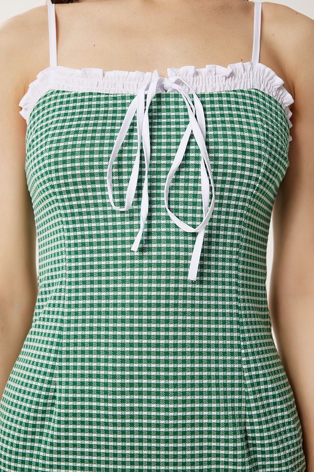 Kadın Yeşil Kareli Mini Esnek Örme Elbise TP00090 - 3