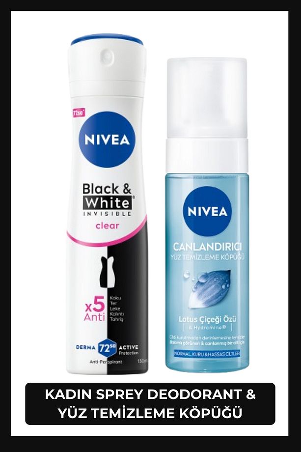 Kadın Sprey Deodorant Black & White Invisible Clear 150ml ve Canlandırıcı Yüz Yıkama Köpüğü 150ml - 1