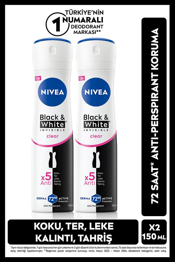 Kadın Sprey Deodorant Black&white Clear 150ml, 72 Saat Anti-perspirant Ter Koruması, X2 Adet - 1