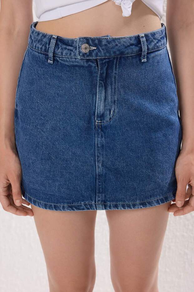 Koyu Mavi More Sustainable Yüksek Bel Mini Denim Şort Etek TWOSS25SR00079 - 4