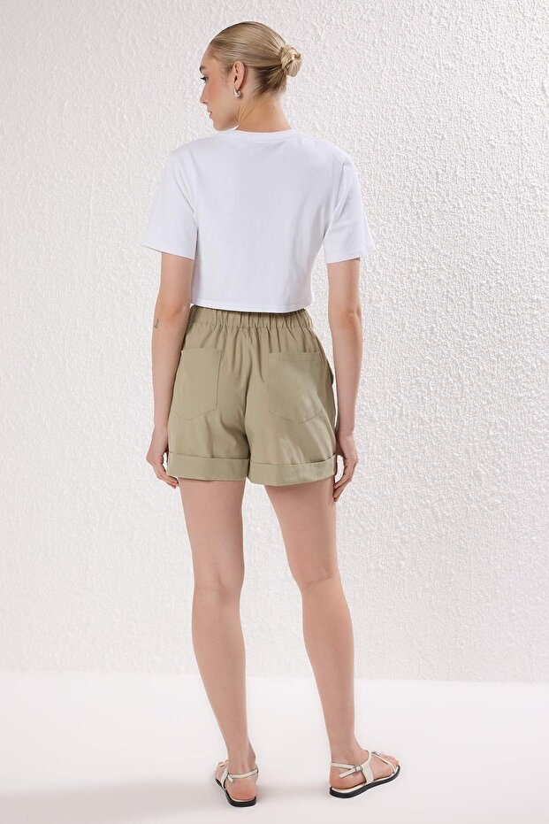 Açık Haki %100 Pamuk Beli Lastikli Taş Detaylı City Boy Şort & Bermuda TWOSS25SR00229 - 4