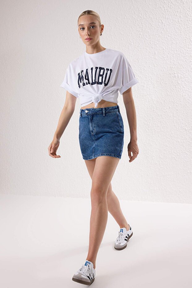 Koyu Mavi More Sustainable Yüksek Bel Mini Denim Şort Etek TWOSS25SR00079 - 2