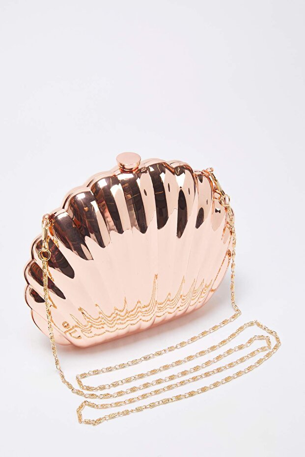 Metalik Bakır Deniz Kabuğu Abiye Kadın Şık Mini Boy Clutch El Çantası TAKSS25OC00063 - 3