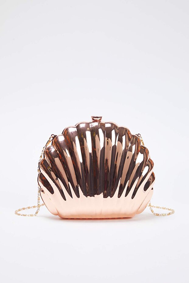 Metalik Bakır Deniz Kabuğu Abiye Kadın Şık Mini Boy Clutch El Çantası TAKSS25OC00063 - 1