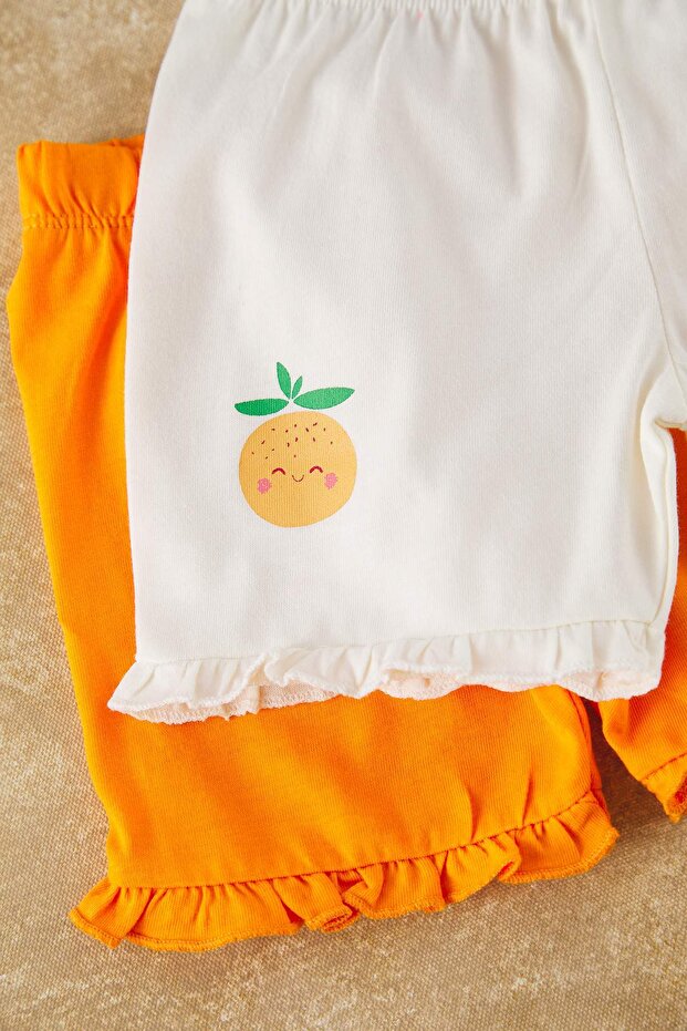 Turuncu 2'li Kız Bebek %100 Pamuk Portakal Baskılı Örme Şort & Bermuda TKDSS25SR00034 - 2