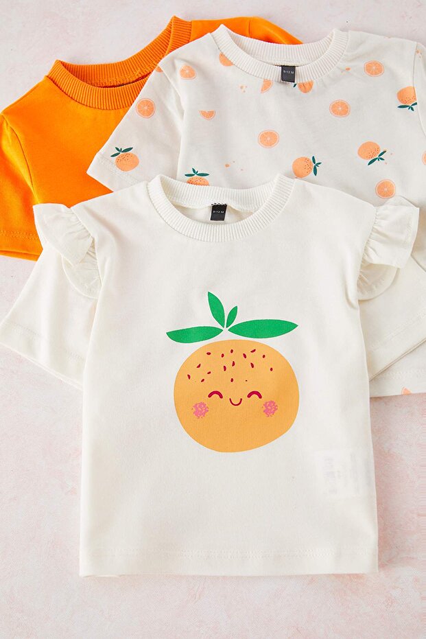 Turuncu 3'lü Kız Bebek %100 Pamuk Portakal Baskılı Fırfırlı Kısa Kol T-shirt TKDSS25TS00111 - 2