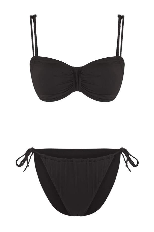 Siyah Tünelli Bralette Kaplı Regular Düşük Bel Bikini Takımı TBESS25BT00199 - 6