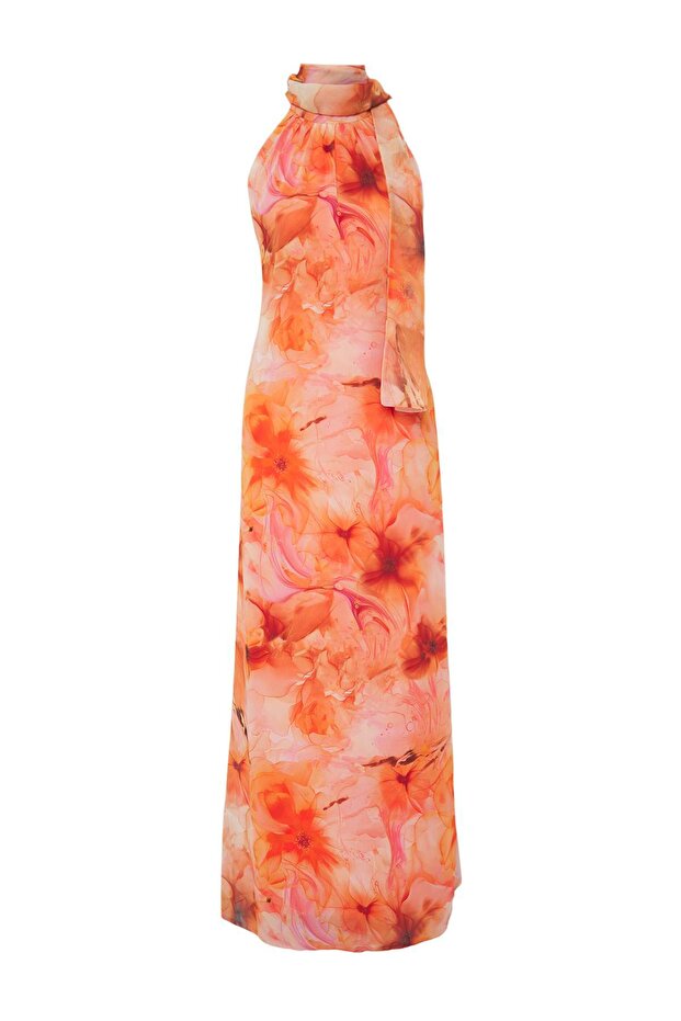 فستان سهرة طويل أنيق منسوج من الشيفون مبطن بنمط تجريدي برتقالي TPRSS25AE00126 - 5