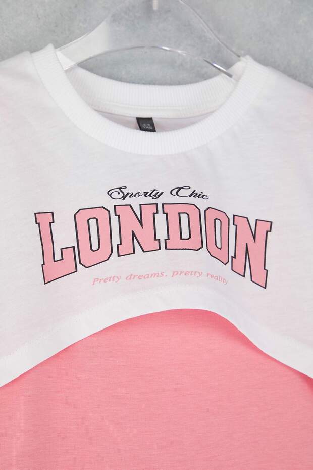 Pembe Kız Çocuk %100 Pamuk Slogan Baskılı Kısa Kol Örme Elbise TKDSS25EL00095 - 3