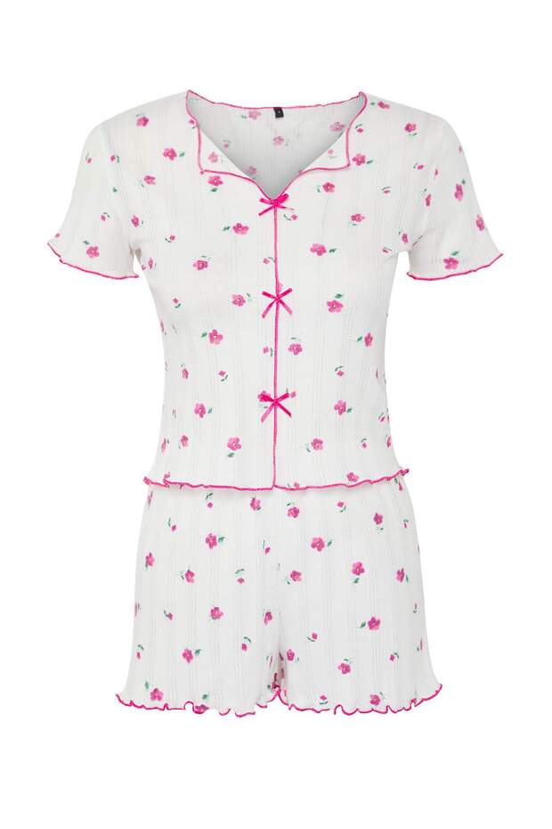 Beyaz-Pembe %100 Pamuklu Çiçekli Kurdele/Fiyonklu Fitilli Şortlu Örme Pijama Takımı THMSS25PT00434 - 6