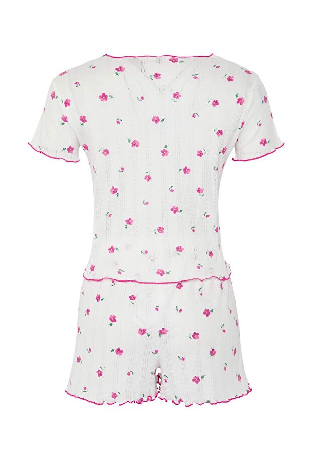 Beyaz-Pembe %100 Pamuklu Çiçekli Kurdele/Fiyonklu Fitilli Şortlu Örme Pijama Takımı THMSS25PT00434 - 7