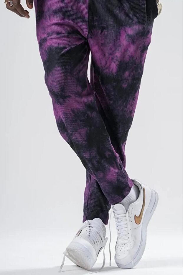Men's Tie-Dye Patterned Elastic Purple Trousers
