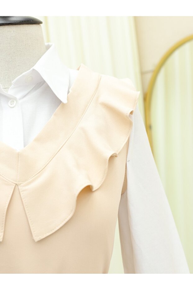 V-Collar Belted Long Jile Dress -Cream