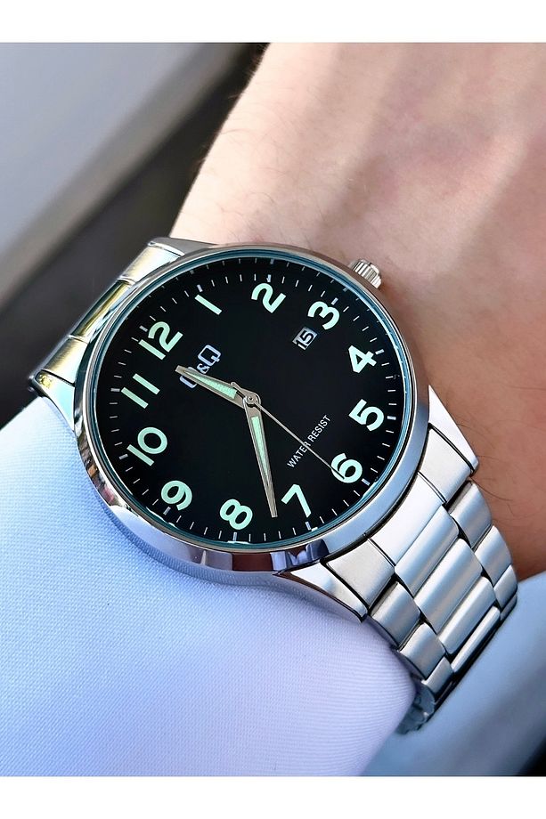 Erkek Gümüş Fosfor Rakamlı Siyah Kadran Tarih Göstergeli Analog Saat - 1