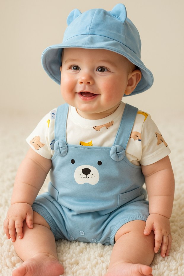 Cute Animal Printed Ear Detailed Hat Salopet Network Snap Fastener 3-Piece Summer Baby Boy Set