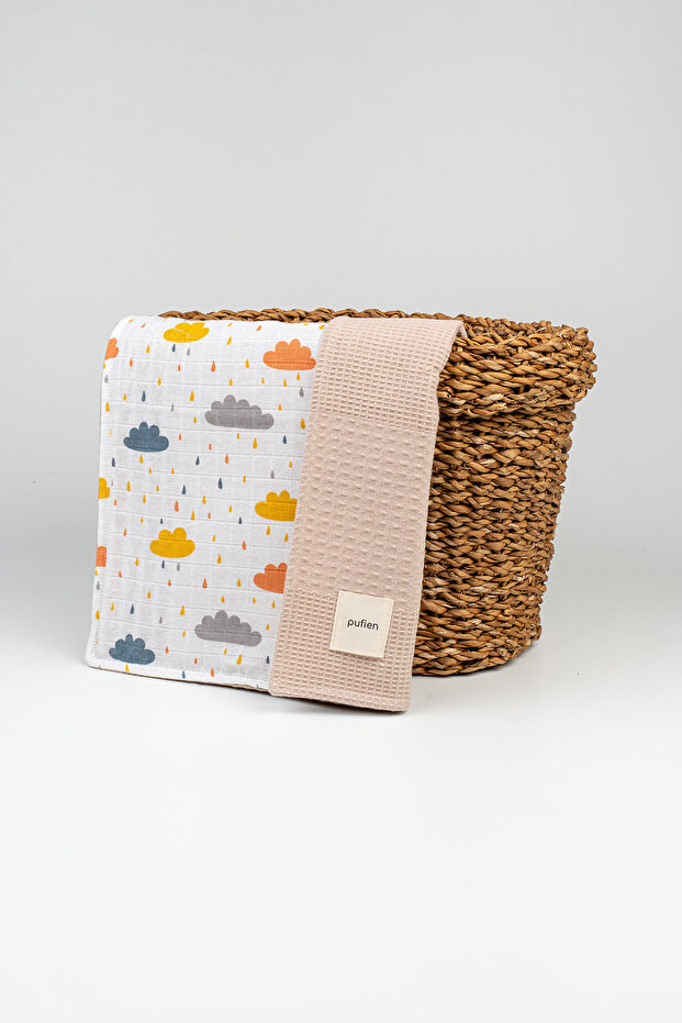 90X90 Beige Waffle Pique and Muslin Cloud Patterned 100% Cotton Multi-Purpose Baby Blanket & Blanket