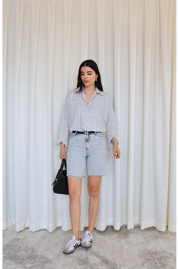 Duman Rengi Şehir Boy Denim Şort - 1