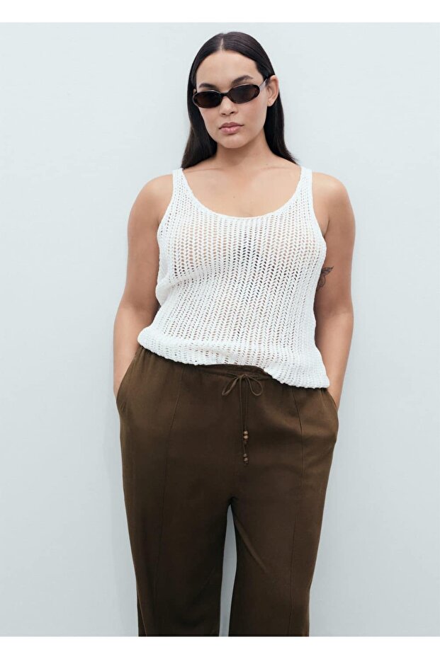 Keten karışımlı beli elastik pantolon - 8