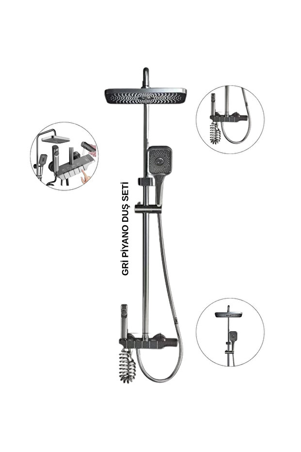 Lüks Piyano Duş Seti | Antrasit Gri Modern Tasarım, Spiral El Duşu Tepe Duş Piyano Tuş Panel - 1