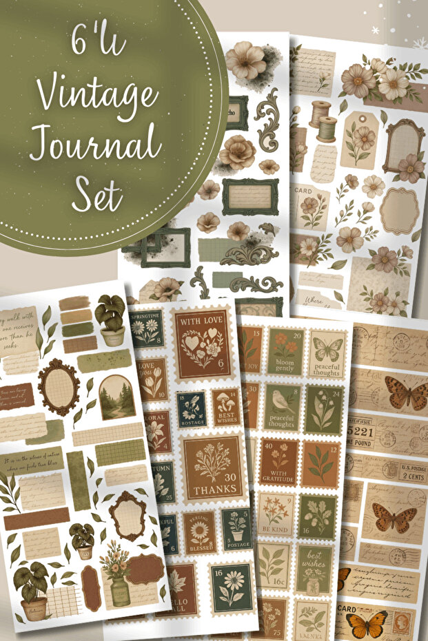 Hume Craft 6'lı Vintage Temalı Pul Sticker Seti Bullet Journal Ajanda için uygun vintage01