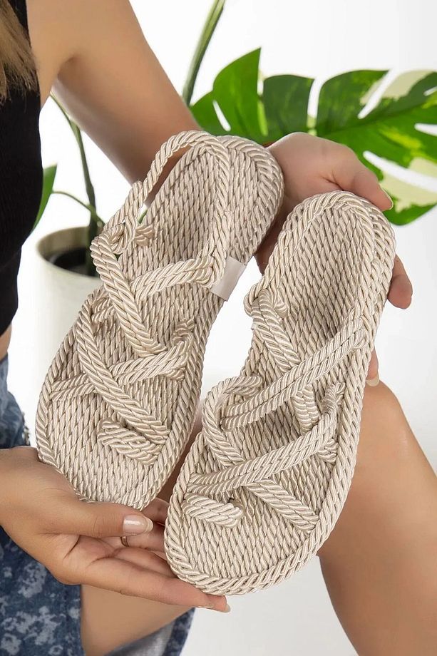Krem Hasır El Yapımı Halat Sandalet 36-45 - 2