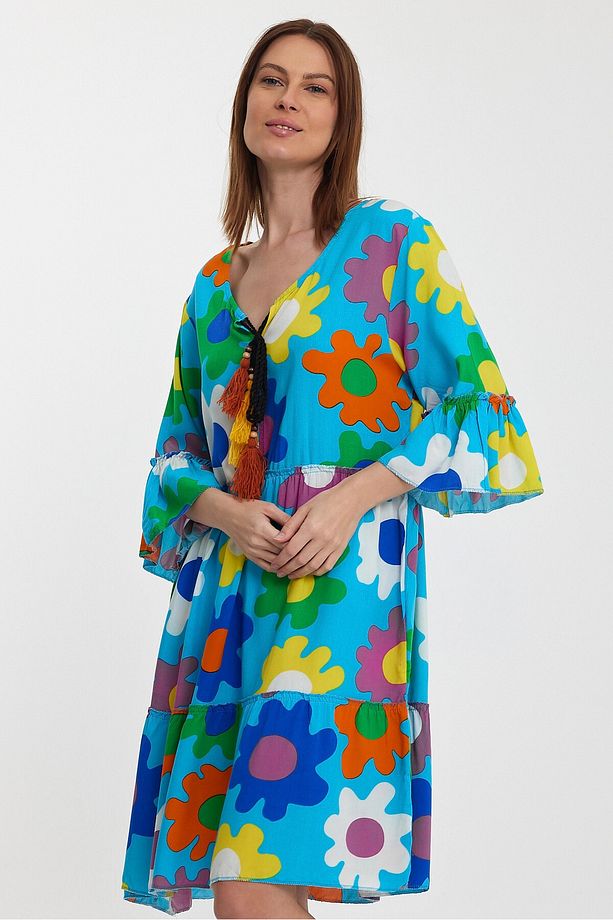 Maxi Boy Mavi Bisiklet Yaka Çiçek Desenli Dokuma Elbise Bcvl-245490 - 4