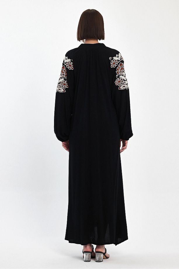 Maxi Boy Siyah Bağcıklı Nakış Işlemeli Uzun Boy Dokuma Elbise Bcvl-24940 - 7